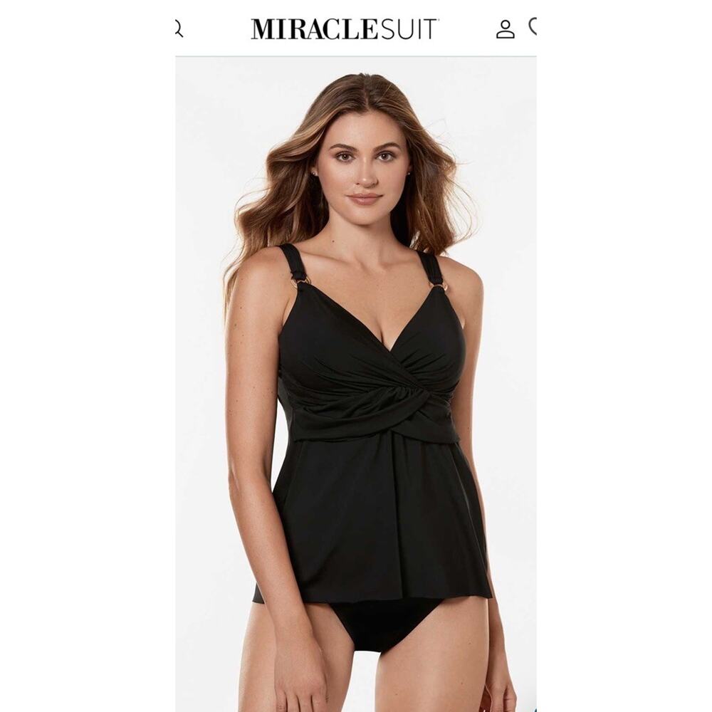 NWT Miraclesuit BLACK Plunge Underwire Tankini Swim Top Size‎ 38DDD Slimming